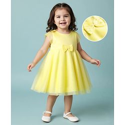Babyhug Mesh Sleeveless Solid Party Dress With Bow Applique - Yellow