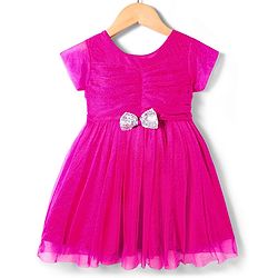 Babyhug Mesh Half Sleeves Solid Party Dress With Sequins Bow Applique - Fuchsia