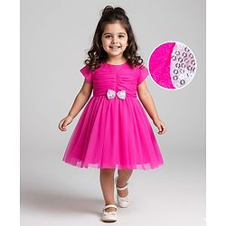 Babyhug Mesh Half Sleeves Solid Party Dress With Sequins Bow Applique - Fuchsia