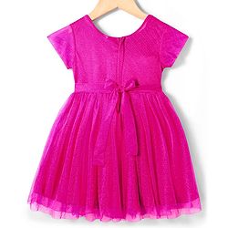 Babyhug Mesh Half Sleeves Solid Party Dress With Sequins Bow Applique - Fuchsia