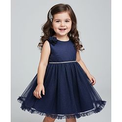 Babyhug Woven Sleeveless Mesh Party Dress with Glitter Print - Navy Blue