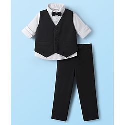 Babyhug Knit Full Sleeves Solid Three Piece Party Suit with Bow - Black