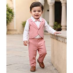 Babyhug Knit Full Sleeves Solid T-Shirt & Pant Set with Attached Waistcoat & Bow Applique - Pink