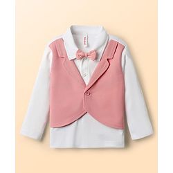 Babyhug Knit Full Sleeves Solid T-Shirt & Pant Set with Attached Waistcoat & Bow Applique - Pink