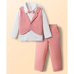Babyhug Knit Full Sleeves Solid T-Shirt & Pant Set with Attached Waistcoat & Bow Applique - Pink