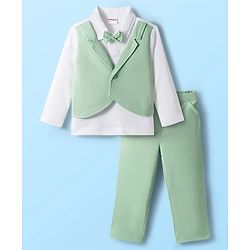 Babyhug Knit Full Sleeves Solid Polo Party T-Shirt & Trouser Set With Bow Applique & Attached Waistcoat - Mint Green & White
