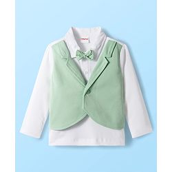 Babyhug Knit Full Sleeves Solid Polo Party T-Shirt & Trouser Set With Bow Applique & Attached Waistcoat - Mint Green & White