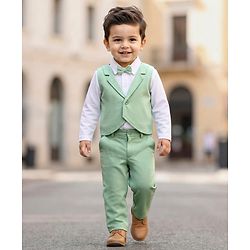 Babyhug Knit Full Sleeves Solid Polo Party T-Shirt & Trouser Set With Bow Applique & Attached Waistcoat - Mint Green & White