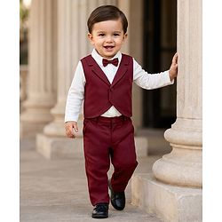 Babyhug Knit Full Sleeves Partywear T-shirt & Pant set with waistcoat applique - Maroon