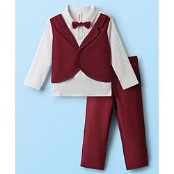 Babyhug Knit Full Sleeves Partywear T-shirt & Pant set with waistcoat applique - Maroon