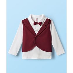 Babyhug Knit Full Sleeves Partywear T-shirt & Pant set with waistcoat applique - Maroon