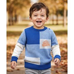 Babyhug Knit Full Sleeves Pullover Sweater with Color Block & Text Embroidery - Blue