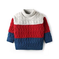 Babyhug Knitted Full Sleeves Turtle Neck Pullover Sweater With Color Block & Cable Knit Design - Multicolor