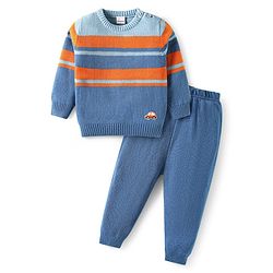 Babyhug Knit Full Sleeves Pullover Sweater Set with Color Block Design & Car Patch - Blue