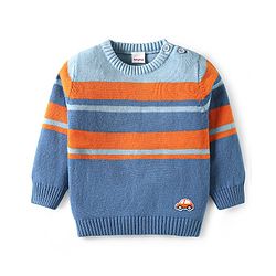 Babyhug Knit Full Sleeves Pullover Sweater Set with Color Block Design & Car Patch - Blue