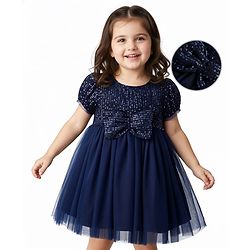 Babyhug Woven Half Sleeves Mesh Party Dress With Sequin Detailing & Bow Applique - Navy Blue