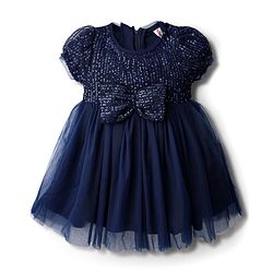 Babyhug Woven Half Sleeves Mesh Party Dress With Sequin Detailing & Bow Applique - Navy Blue