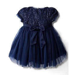 Babyhug Woven Half Sleeves Mesh Party Dress With Sequin Detailing & Bow Applique - Navy Blue
