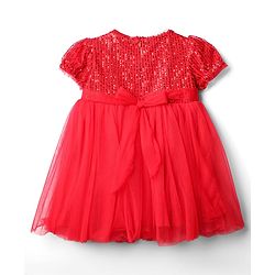 Babyhug Mesh Woven Half Sleeves Flared Partywear Dress With Sequins - Red