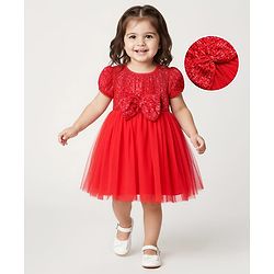 Babyhug Mesh Woven Half Sleeves Flared Partywear Dress With Sequins - Red