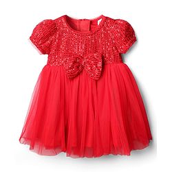 Babyhug Mesh Woven Half Sleeves Flared Partywear Dress With Sequins - Red
