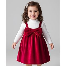 Babyhug Velour Knit Full Sleeves Inner Tee & Party Dress with Bow Applique - Maroon