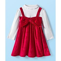Babyhug Velour Knit Full Sleeves Inner Tee & Party Dress with Bow Applique - Maroon