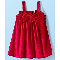 Babyhug Velour Knit Full Sleeves Inner Tee & Party Dress with Bow Applique - Maroon
