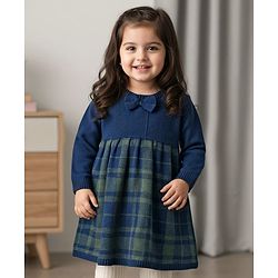 Babyhug Knit Full Sleeves Checkered Woollen Dress with Bow Applique - Navy Blue