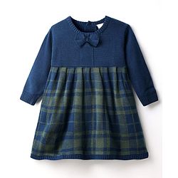 Babyhug Knit Full Sleeves Checkered Woollen Dress with Bow Applique - Navy Blue
