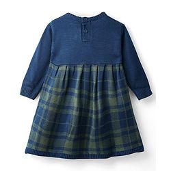 Babyhug Knit Full Sleeves Checkered Woollen Dress with Bow Applique - Navy Blue