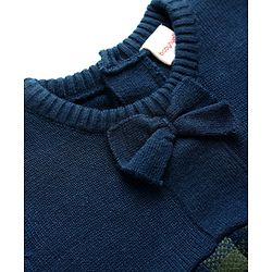 Babyhug Knit Full Sleeves Checkered Woollen Dress with Bow Applique - Navy Blue