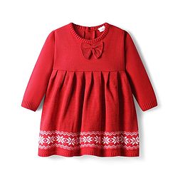 Babyhug Sweater Knit Full Sleeves Woollen Dress With Floral Design & Bow Applique - Red