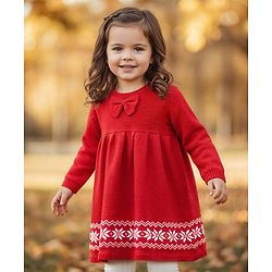 Babyhug Sweater Knit Full Sleeves Woollen Dress With Floral Design & Bow Applique - Red