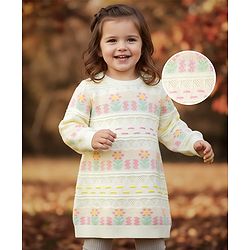 Babyhug Sweater Knit Full Sleeves Woolen Dress with Floral Design - White