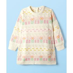 Babyhug Sweater Knit Full Sleeves Woolen Dress with Floral Design - White