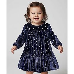 Babyhug Velour Woven Full Sleeves Party Dress With Foil Star Print - Navy Blue