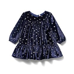 Babyhug Velour Woven Full Sleeves Party Dress With Foil Star Print - Navy Blue