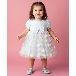 Babyhug Woven Half Puffed Sleeves Flared Partywear Dress With Floral & Bow 3D Applique - Light Blue