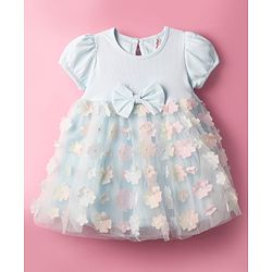 Babyhug Woven Half Puffed Sleeves Flared Partywear Dress With Floral & Bow 3D Applique - Light Blue