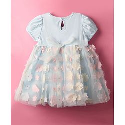 Babyhug Woven Half Puffed Sleeves Flared Partywear Dress With Floral & Bow 3D Applique - Light Blue