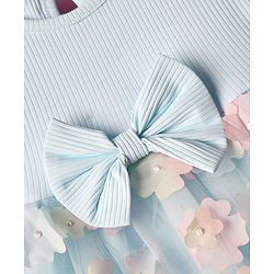 Babyhug Woven Half Puffed Sleeves Flared Partywear Dress With Floral & Bow 3D Applique - Light Blue