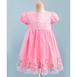Babyhug Soft Mesh Half Sleeves Fit & Flare Party Dress With Digital Unicorn Print & Sequins Detailing on Yoke - Pink