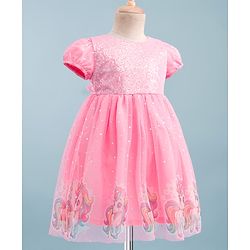 Babyhug Soft Mesh Half Sleeves Fit & Flare Party Dress With Digital Unicorn Print & Sequins Detailing on Yoke - Pink