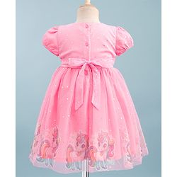 Babyhug Soft Mesh Half Sleeves Fit & Flare Party Dress With Digital Unicorn Print & Sequins Detailing on Yoke - Pink