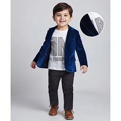 Babyhug Velour Knit Full Sleeves T-Shirt Trouser & Blazer Set with Believe in Yourself Print - Blue White & Grey