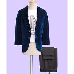 Babyhug Velour Knit Full Sleeves T-Shirt Trouser & Blazer Set with Believe in Yourself Print - Blue White & Grey