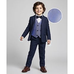 Babyhug Knit Full Sleeves Solid 4 Piece Party Suit With Bow - Navy Blue