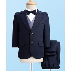 Babyhug Knit Full Sleeves Solid 4 Piece Party Suit With Bow - Navy Blue