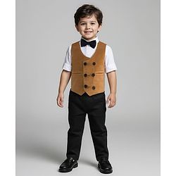 Babyhug Woven Full Sleeves Solid Color 3 Piece Party Suit with Bow - Tan